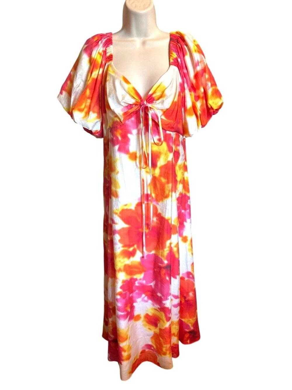 Alex Marie Floral Midi Dress Size 12 Pink Orange Balloon Sleeve Lined Flowy